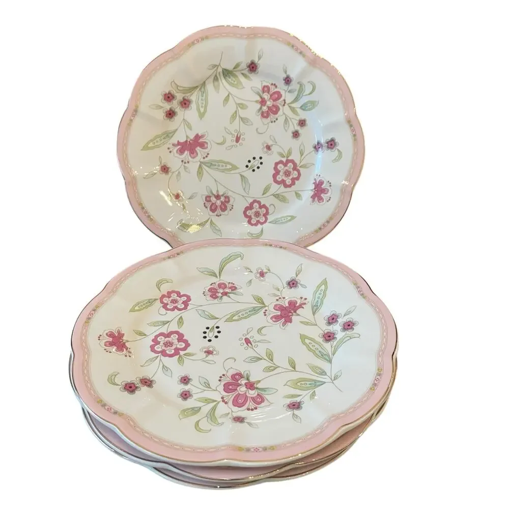 Grace Teaware Pink Corn Flowers with Gold Trim 10.5” Dinner Plates Set of 4 New